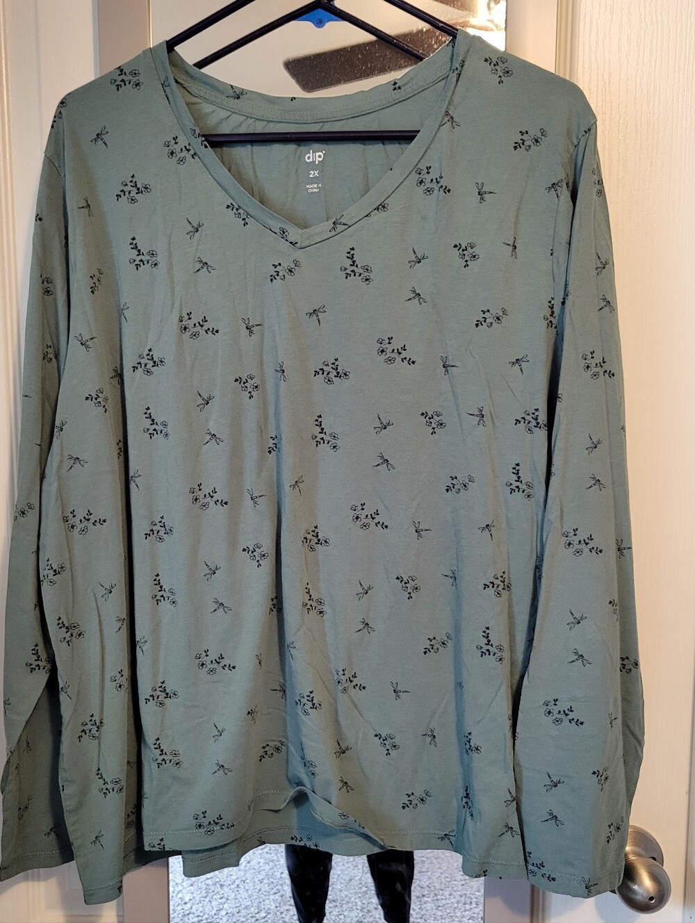 dip Sage Green Long Sleeve V-Neck Shirt with Black Floral & Dragonfly Print
